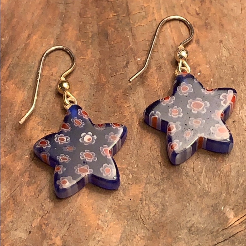 Murano Style Glass Rw&B Star Dangle Earrings